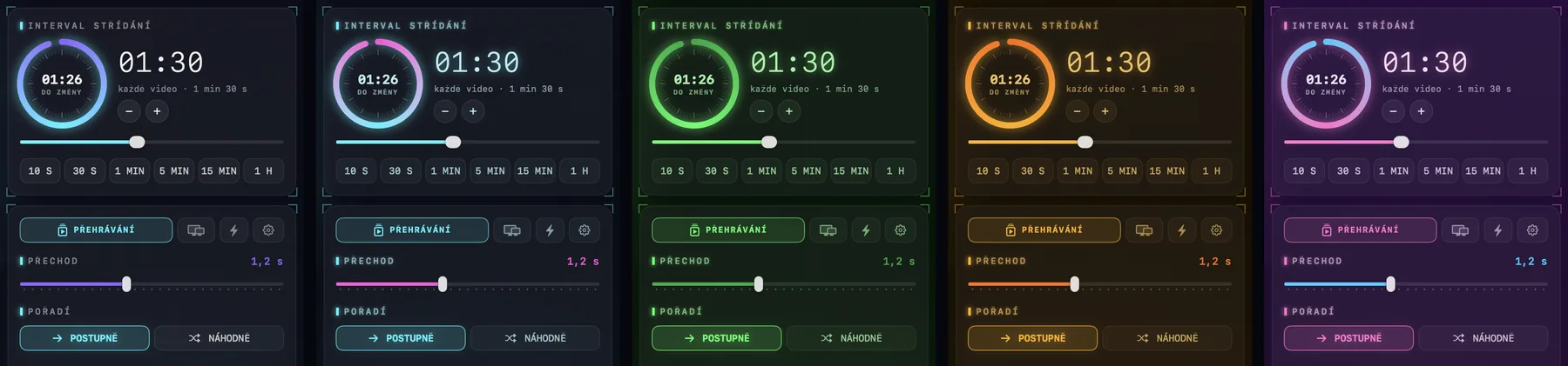 Stejná část okna LiveWall pětkrát, v motivech Hologram, Neon, Fosfor, Jantar a Synthwave.