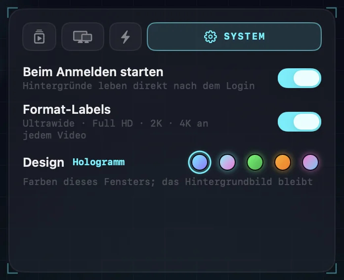 Die System-Einstellungen: beim Anmelden starten, Format-Labels und die fünf Themenfarben.