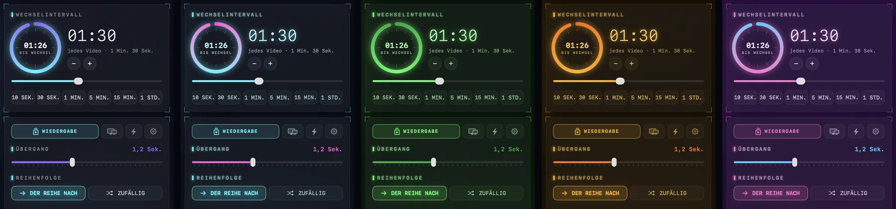 Derselbe Ausschnitt des LiveWall-Fensters fünfmal, in den Themen Hologramm, Neon, Phosphor, Bernstein und Synthwave.