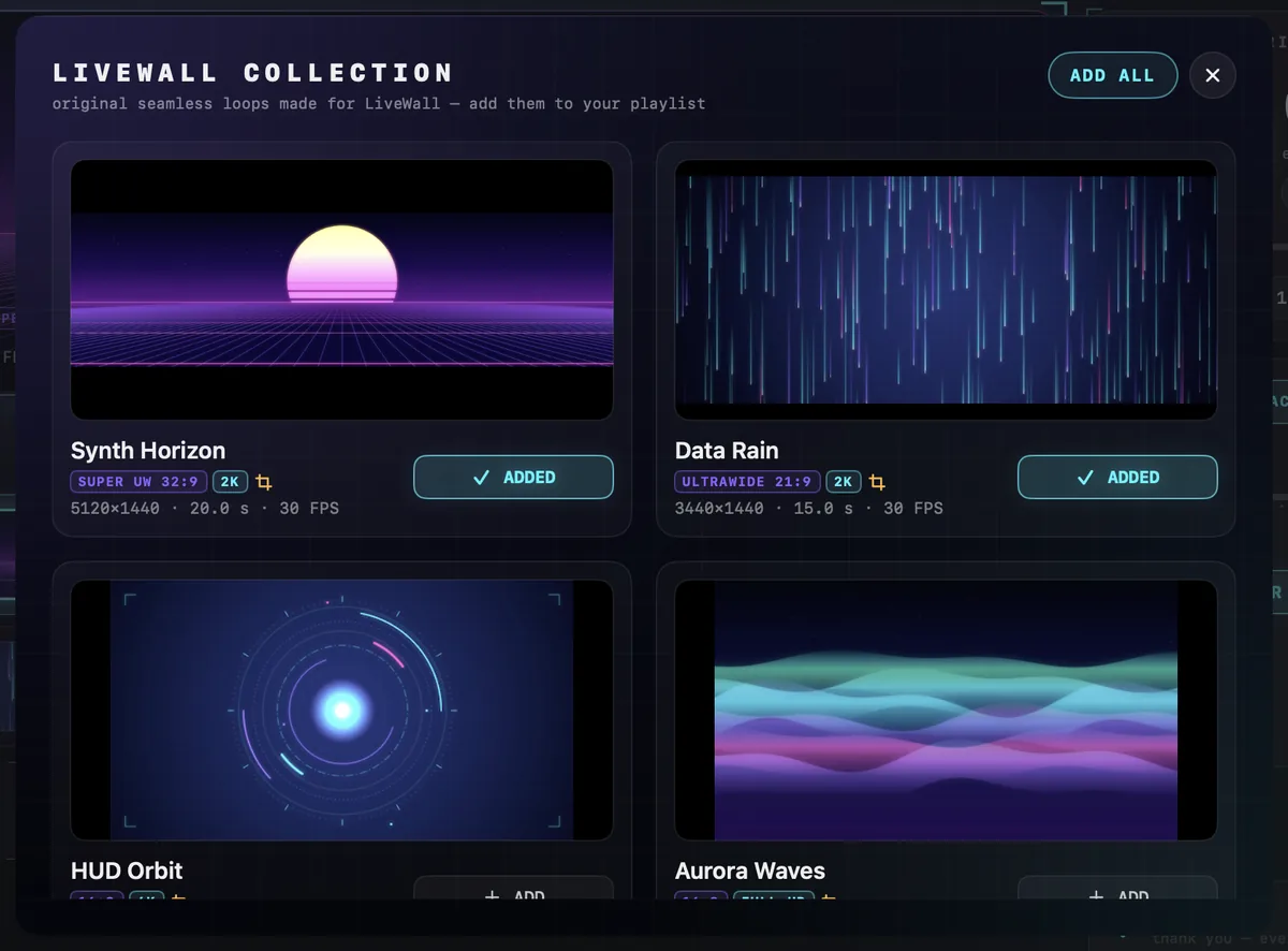 The LiveWall collection sheet: video cards with a preview, format badges and an Add button each.