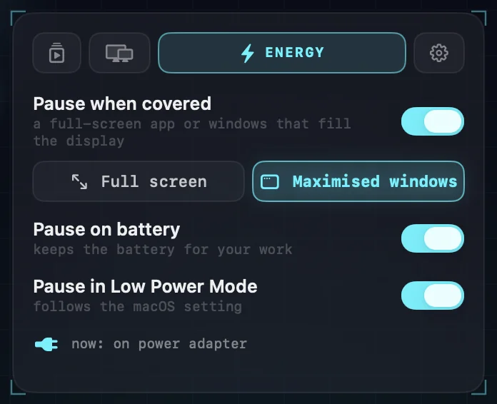The Energy settings: pause when covered, by full-screen apps or by maximised windows; pause on battery; pause in Low Power Mode.