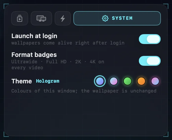 The System settings: launch at login, format badges, and the five theme swatches.