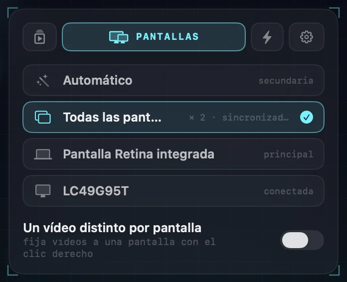 Los ajustes de pantallas: Automático, Todas las pantallas (seleccionado, dos pantallas sincronizadas), cada pantalla conectada por su nombre y el interruptor de un vídeo distinto por pantalla.