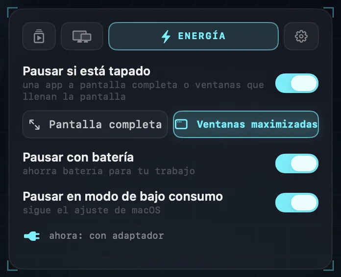 Los ajustes de energía: pausar si está tapado, por apps a pantalla completa o por ventanas maximizadas; pausar con batería; pausar en modo de bajo consumo.