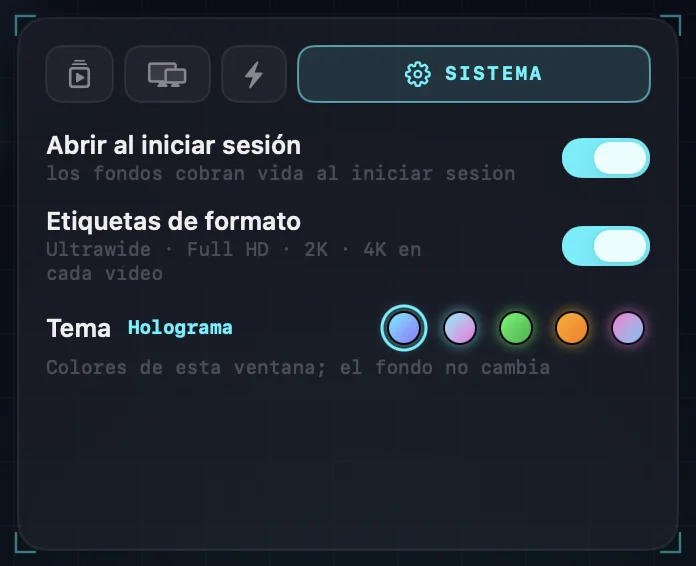 Los ajustes del sistema: abrir al iniciar sesión, etiquetas de formato y las cinco muestras de tema.