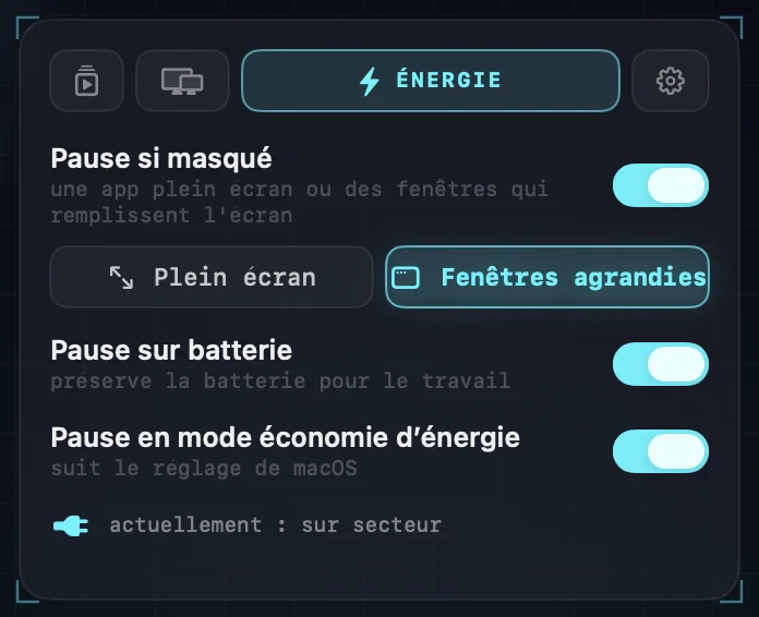 Les réglages Énergie : pause si masqué, par les apps en plein écran ou par les fenêtres agrandies ; pause sur batterie ; pause en mode économie d’énergie.