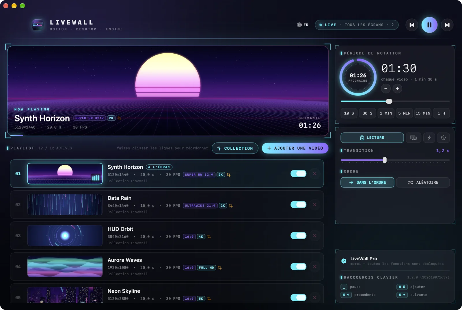 La fenêtre de LiveWall : en haut la vidéo en cours, en dessous la playlist avec vignette, taille et durée de chaque vidéo, à droite la période de rotation.
