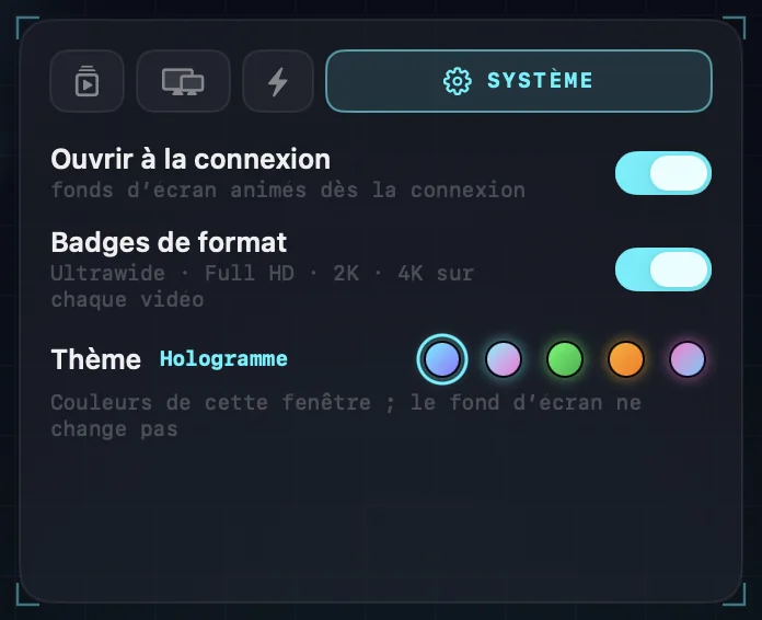 Les réglages Système : ouvrir à la connexion, badges de format et les cinq pastilles de thème.