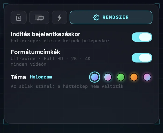 A rendszerbeállítások: indítás bejelentkezéskor, formátumcímkék és az öt témaminta.