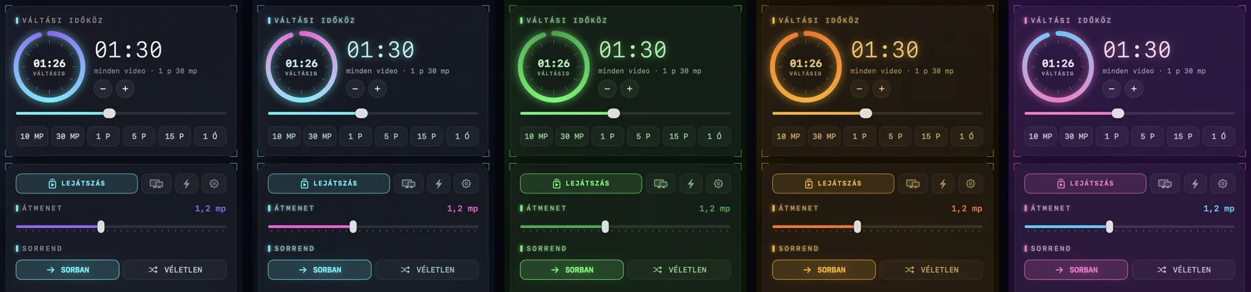 A LiveWall ablakának ugyanaz a része ötször, a Hologram, Neon, Foszfor, Borostyán és Synthwave témában.