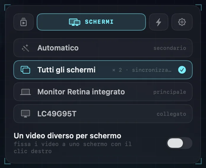 Le impostazioni Schermi: Automatico, Tutti gli schermi (selezionato, due schermi in sincrono), ogni schermo collegato con il suo nome e l’interruttore per un video diverso per schermo.