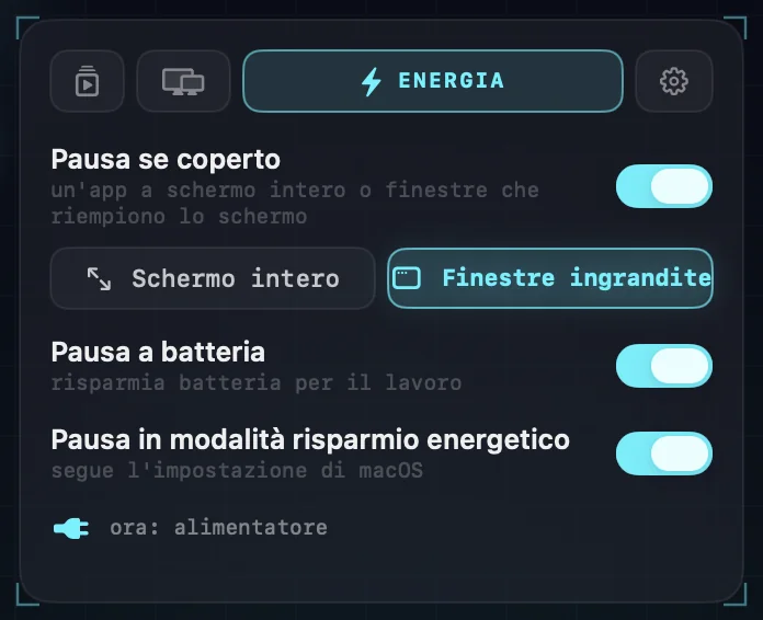 Le impostazioni Energia: pausa se coperto, da app a tutto schermo o da finestre ingrandite; pausa a batteria; pausa in modalità risparmio energetico.