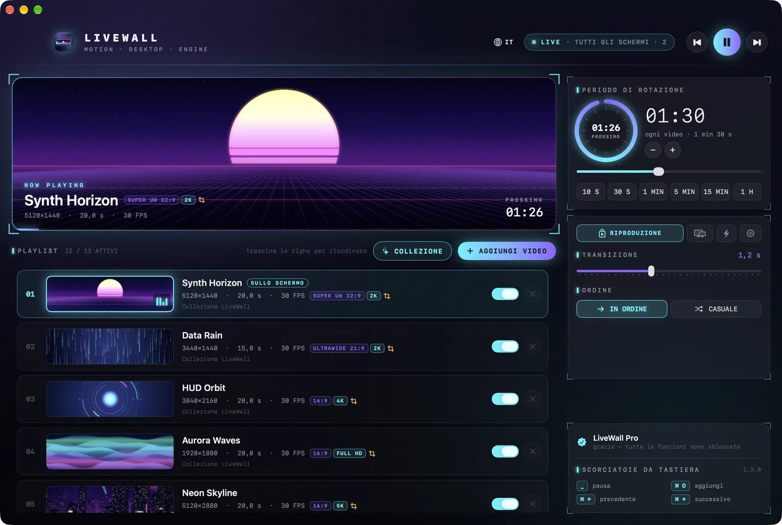 La finestra di LiveWall: in alto il video in riproduzione, sotto la playlist con miniatura, dimensioni e durata di ogni video, a destra il periodo di rotazione.