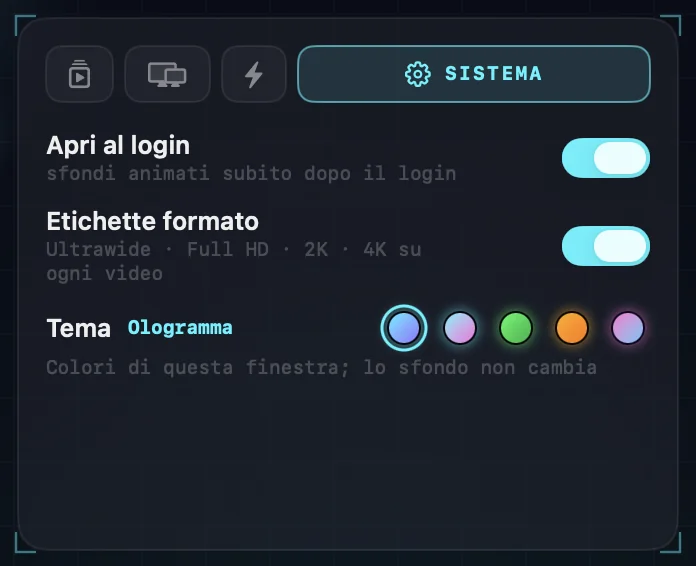 Le impostazioni Sistema: apri al login, etichette formato e i cinque campioni di tema.