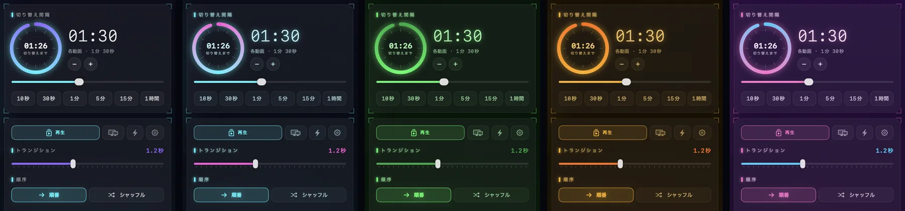 LiveWall のウインドウの同じ部分を 5 回、ホログラム・ネオン・フォスファー・アンバー・Synthwave の各テーマで。