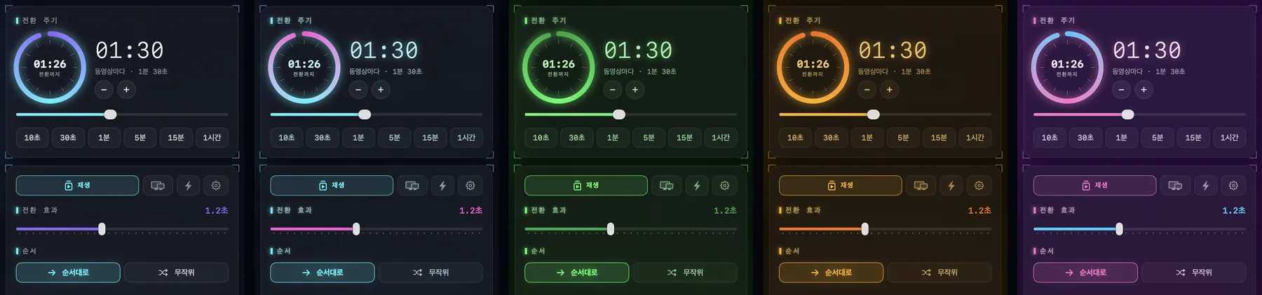 LiveWall 윈도우의 같은 부분을 다섯 번, 홀로그램, 네온, 포스퍼, 앰버, Synthwave 테마로.