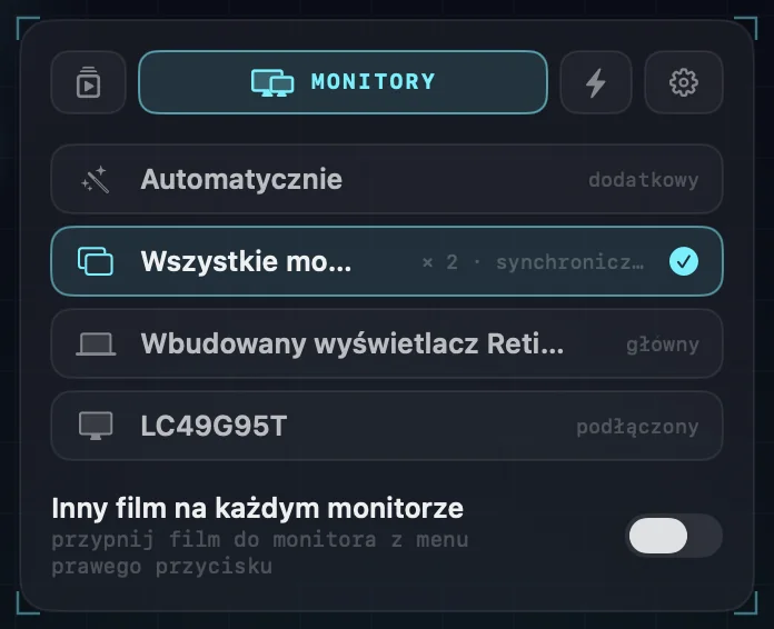 Ustawienia monitorów: Automatycznie, Wszystkie monitory (wybrane, dwa monitory synchronicznie), każdy podłączony monitor z nazwą i przełącznik innego filmu na każdym monitorze.