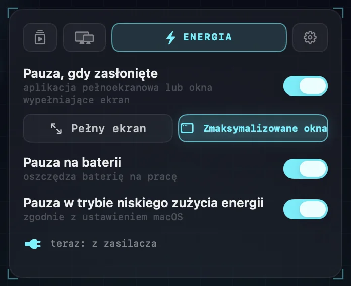 Ustawienia energii: pauza, gdy zasłonięte — przez aplikacje na pełnym ekranie lub zmaksymalizowane okna; pauza na baterii; pauza w trybie niskiego zużycia energii.