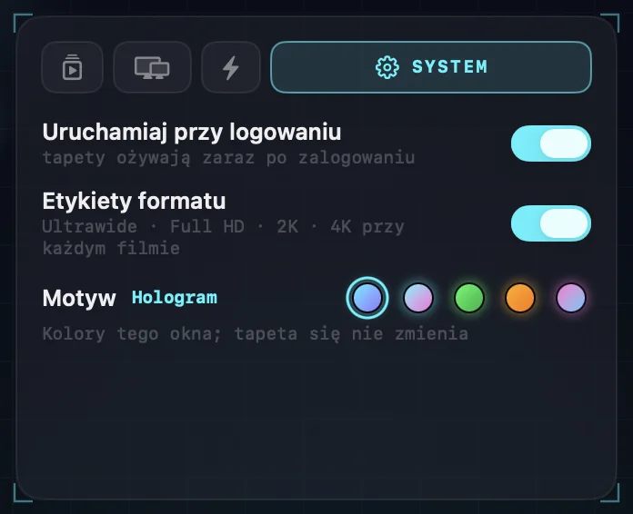 Ustawienia systemowe: uruchamianie przy logowaniu, etykiety formatu i pięć próbek motywów.