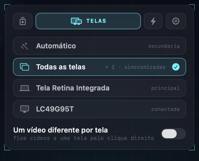 Os ajustes de Telas: Automático, Todas as telas (selecionado, duas telas sincronizadas), cada tela conectada pelo nome e a chave de um vídeo diferente por tela.