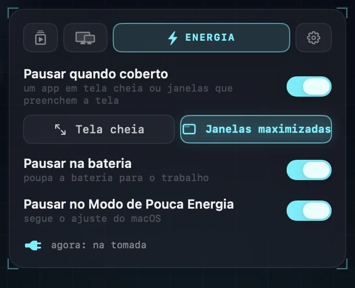 Os ajustes de Energia: pausar quando coberto, por apps em tela cheia ou por janelas maximizadas; pausar na bateria; pausar no Modo de Pouca Energia.