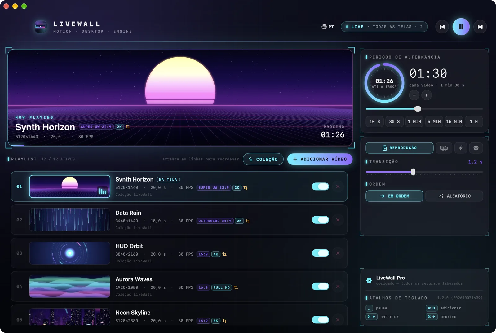 A janela do LiveWall: no alto o vídeo em reprodução, abaixo a playlist com miniatura, tamanho e duração de cada vídeo, à direita o período de rotação.