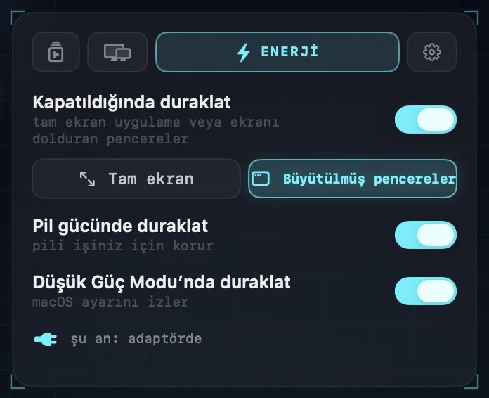 Enerji ayarları: kapatıldığında duraklat — tam ekran uygulamalar ya da büyütülmüş pencereler; pil gücünde duraklat; Düşük Güç Modu’nda duraklat.