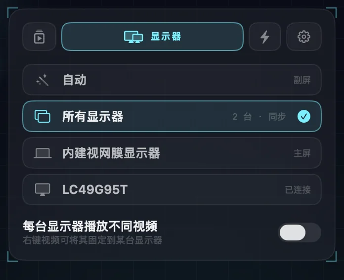 显示器设置：自动、所有显示器（已选，两台显示器同步）、按名称列出的每台已连接显示器，以及每台显示器播放不同视频的开关。