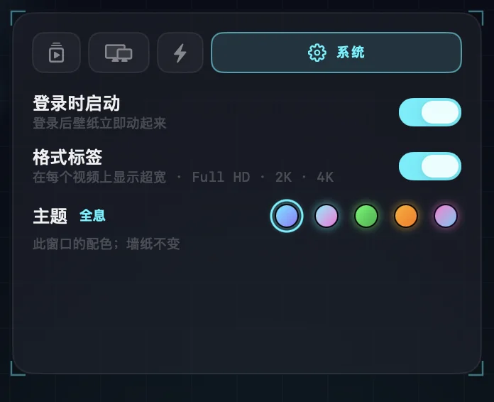系统设置：登录时启动、格式标签和五个主题色样。
