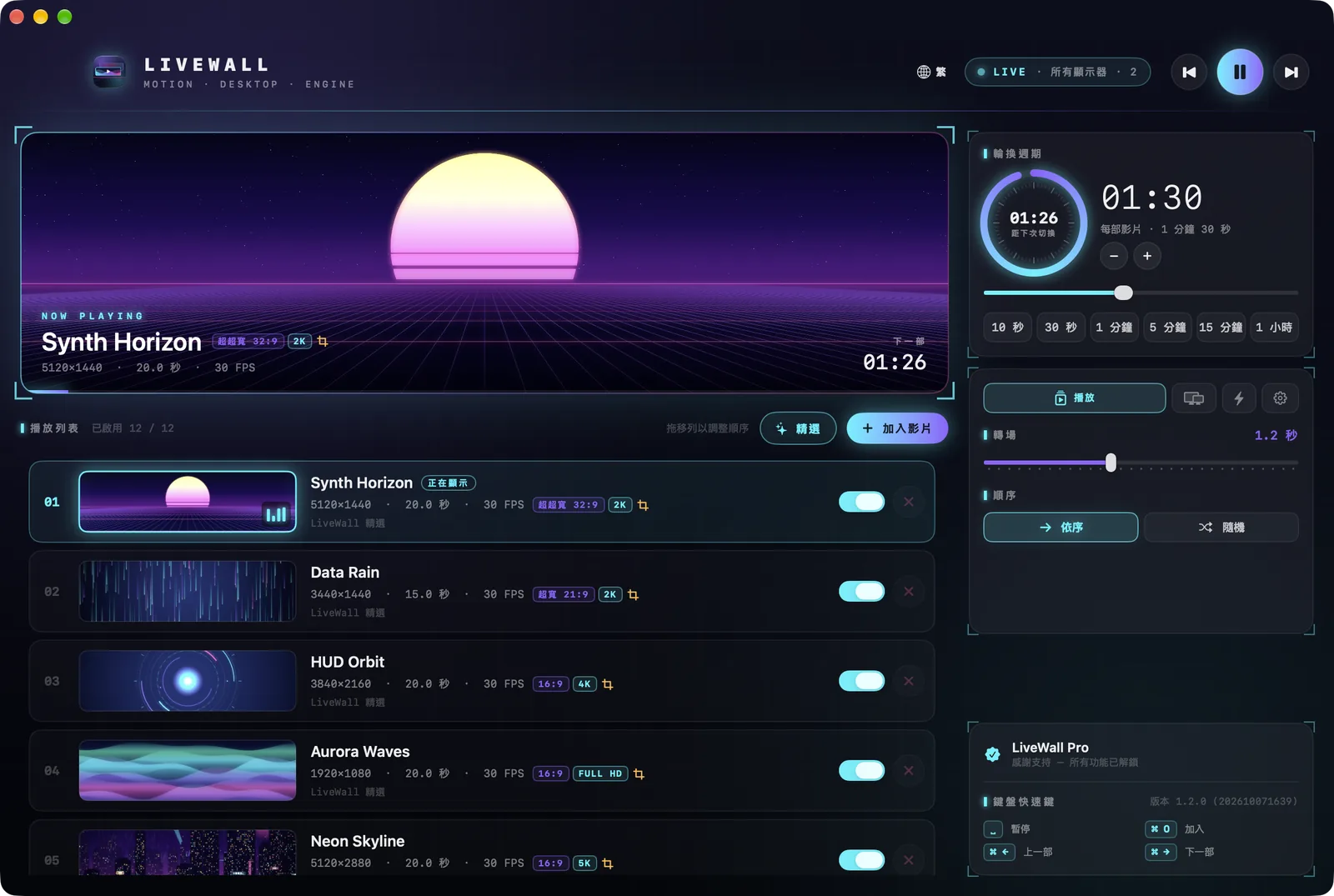 LiveWall 視窗：上方是正在播放的影片，下方是含縮圖、尺寸和長度的播放列表，右側是輪換週期。